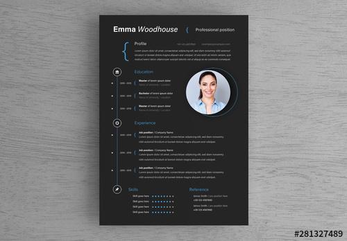Dark Resume Layout with Blue Accents - 281327489