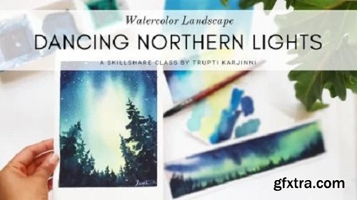 Watercolor Landscape - Dancing Northern Lights and Pine Forest