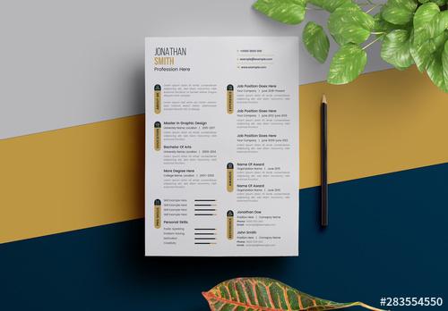 Resume Layout with Icon Bars and Gold Accents - 283554550