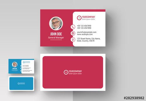 Business Card Layout with Blue and Red Accents - 282938982