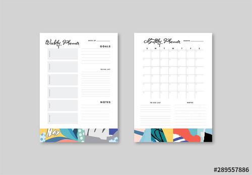 Weekly and Monthly Planner Layout with Illustrative Elements - 289557886