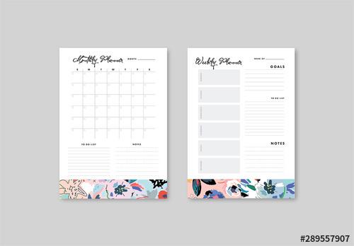 Weekly and Monthly Planner Layout with Illustrative Elements - 289557907