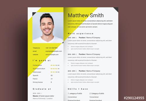 Resume Layout with Yellow Accent and Triangles - 290124955