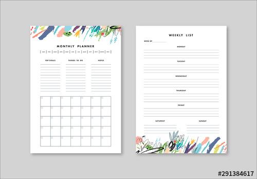 Weekly and Monthly Planner Layout with Illustrative Elements - 291384617