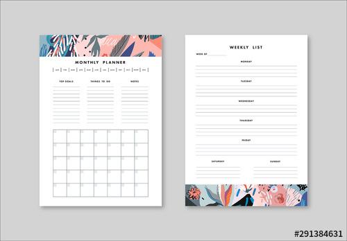 Weekly and Monthly Planner Layout with Illustrative Elements - 291384631