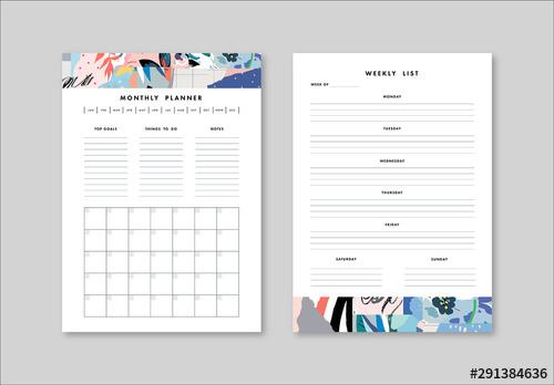 Weekly and Monthly Planner Layout with Illustrative Elements - 291384636