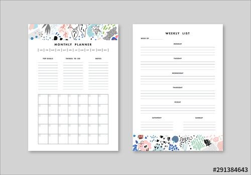 Weekly and Monthly Planner Layout with Illustrative Elements - 291384643