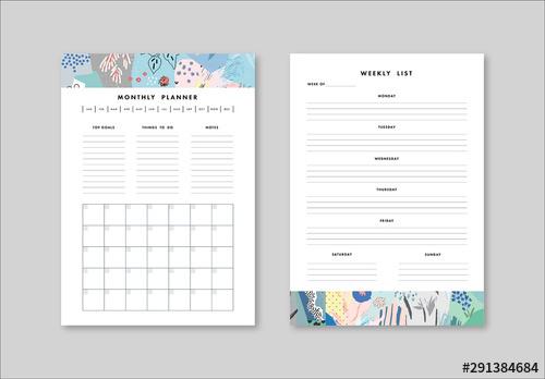 Weekly and Monthly Planner Layout with Illustrative Elements - 291384684