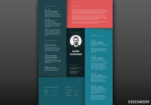 Dark Resume Layout with Teal Elements - 291546599