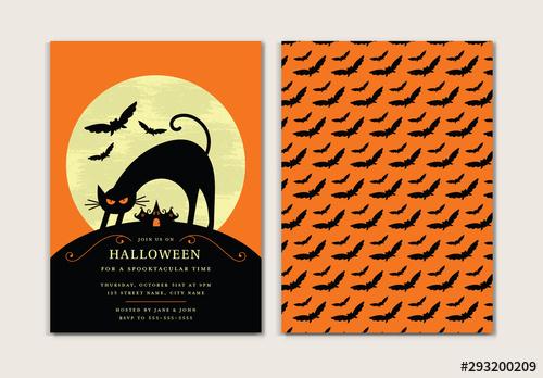 Graphic Halloween Party Invitation with Cat Card Layout - 293200209