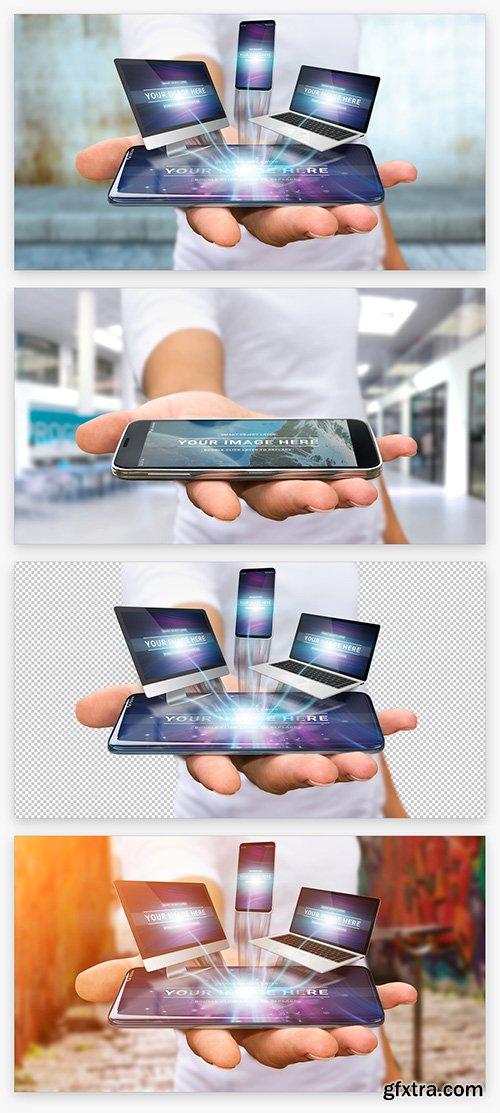 Hand Holding Smartphone with Floating Devices Mockup 211817577
