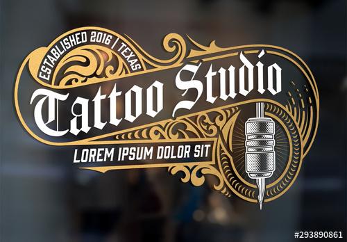 Vintage Tattoo Logo Layout with Gold Elements - 293890861