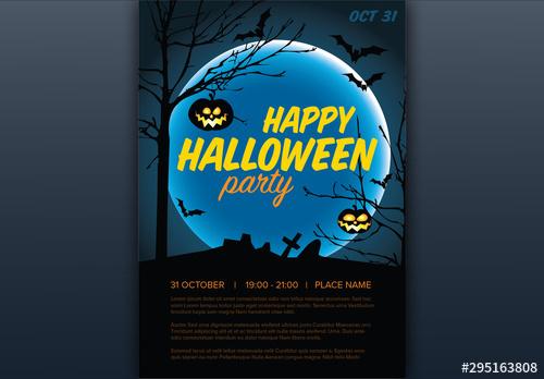 Halloween Party Flyer Layout with Illustrated Graveyard - 295163808