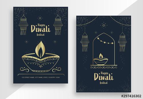 Diwali Festival Poster Layout Set with Gold Elements - 297416302