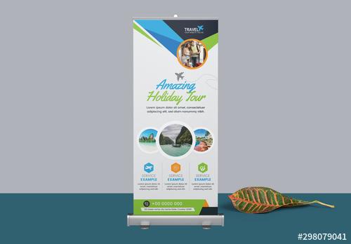 Roll Up Banner Layout with Blue and Green Elements - 298079041