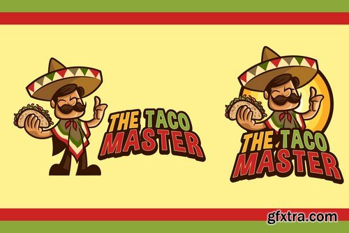 Cartoon Friendly Mexican Holding Taco Mascot Logo
