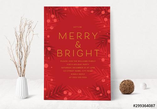 Red Holiday Card Layout with Leaves and Berries - 299364087