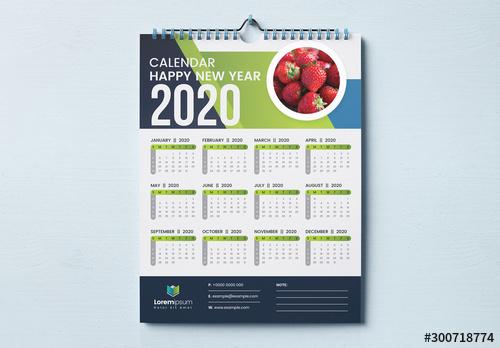 One Page Wall Calendar Layout with Blue and Green Geometric Elements - 300718774