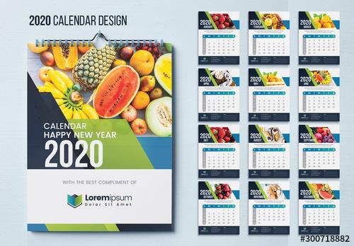 Wall Calendar Layout with Blue and Green Geometric Elements - 300718882