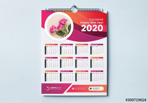One Page Wall Calendar Layout with Red and Orange Wave Design - 300719624
