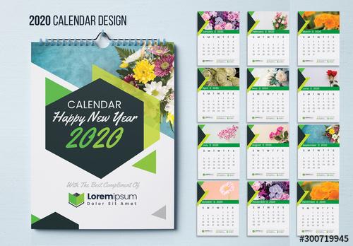 Wall Calendar Layout with Green Geometric Elements - 300719945