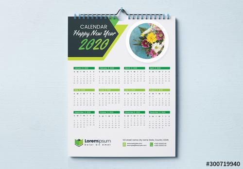 One Page Wall Calendar Layout with Green Geometric Elements - 300719940
