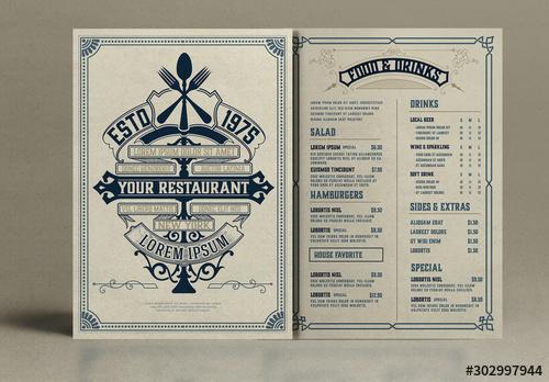 Restaurant Menu Layout with Ornamental Elements - 302997944