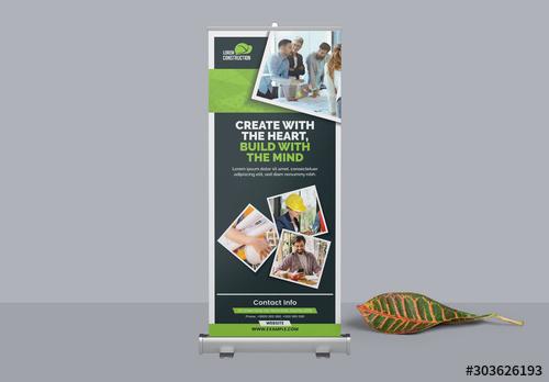 Construction Business Roll Up Banner Layout with Green Accents - 303626193