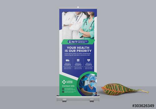 Medical Roll Up Banner Layout with Green and Blue Accents - 303626349