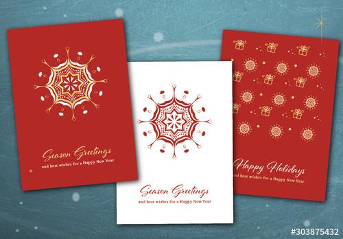 Red Christmas Card Layout Set with Snowflake Illustrations - 303875432