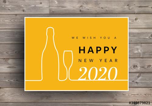 New Year Card Layout with White Wine Bottle and Glass - 303879821