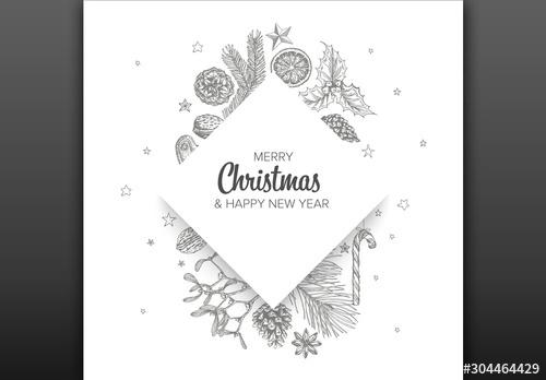 Christmas Card Layout with Hand Drawn Illustrations - 304464429