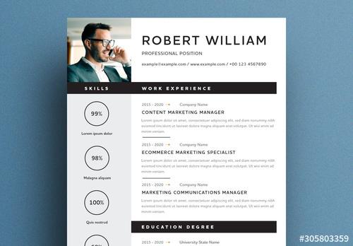 Modern Resume Layout with Skill Panel and Black Accents - 305803359