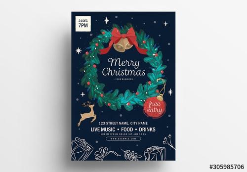 Christmas Flyer Layout with Illustrated Wreath - 305985706