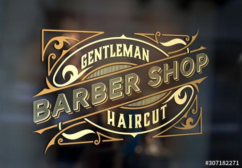 Vintage Barber Shop Logo Layout with Floral Elements - 307182271