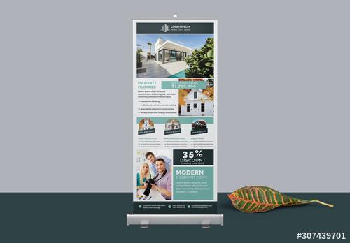 Roll-Up Banner Layout with Teal Accents - 307439701