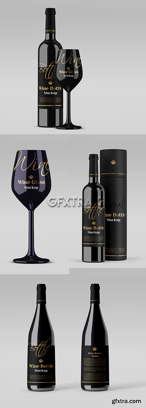 Glossy glass and wine bottle with box Mockup
