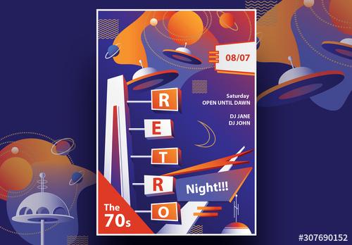 Mid-Century Retro Party Flyer Layout with Sci-Fi Elements - 307690152