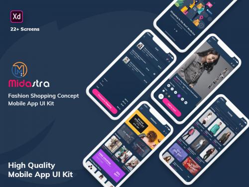Midastra-Fashion Shopping Mobile App UI kit Dark (XD)