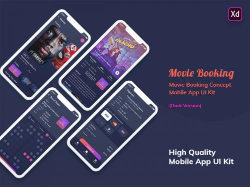 Movie Booking Mobile App UI Kit Dark Version (XD)