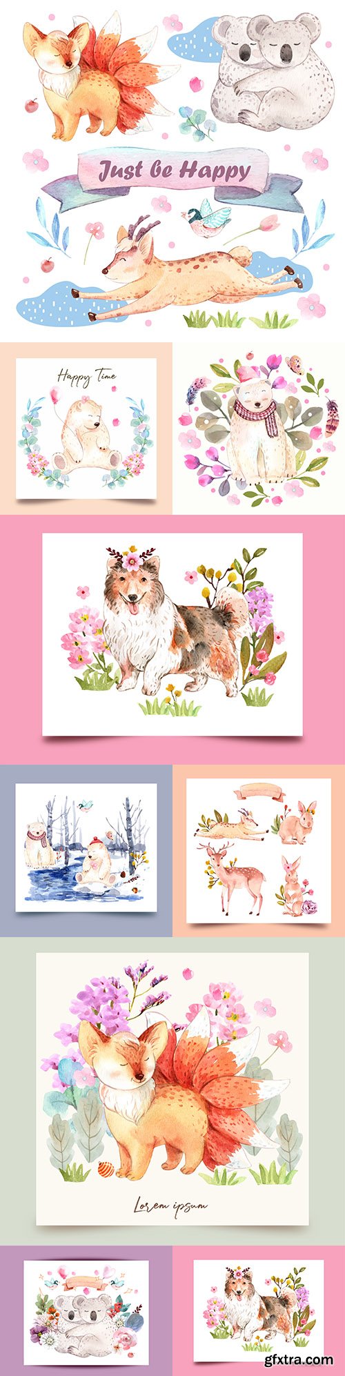 Watercolor funny animals with flowers vector design
