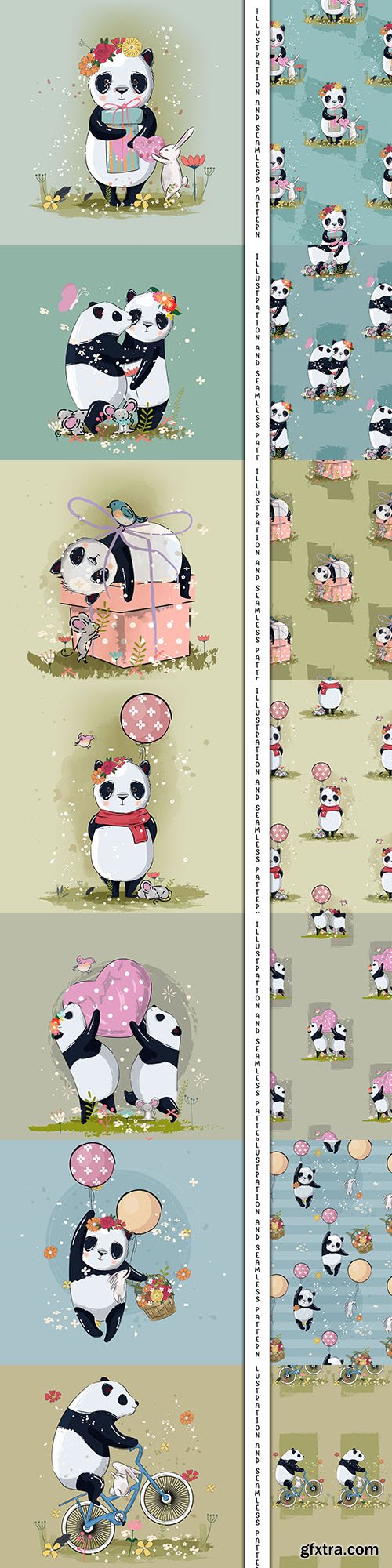 Cute little panda with flowers and decorative pattern