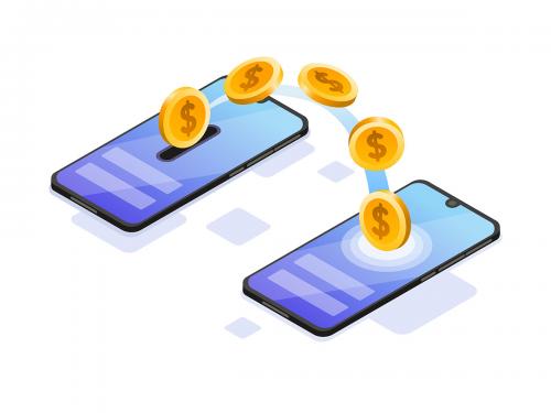 Online Money Transfer with Mobile Phone Isometric Illustration