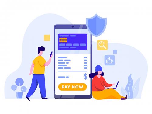 Online Payment with Mobile Phone and Credit Card Illustration
