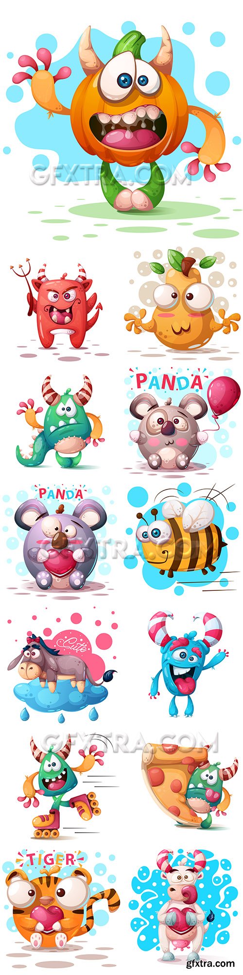 Monsters and funny cartoon characters vector illustration