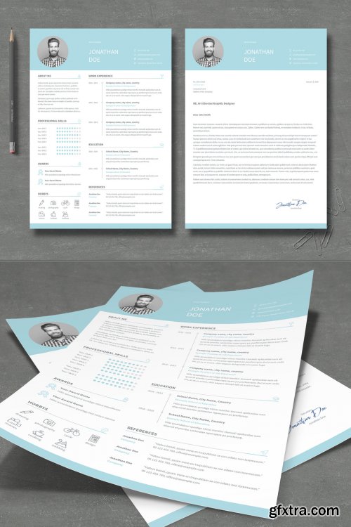 Resume and Cover Letter Layout with Light Blue Elements 314131833