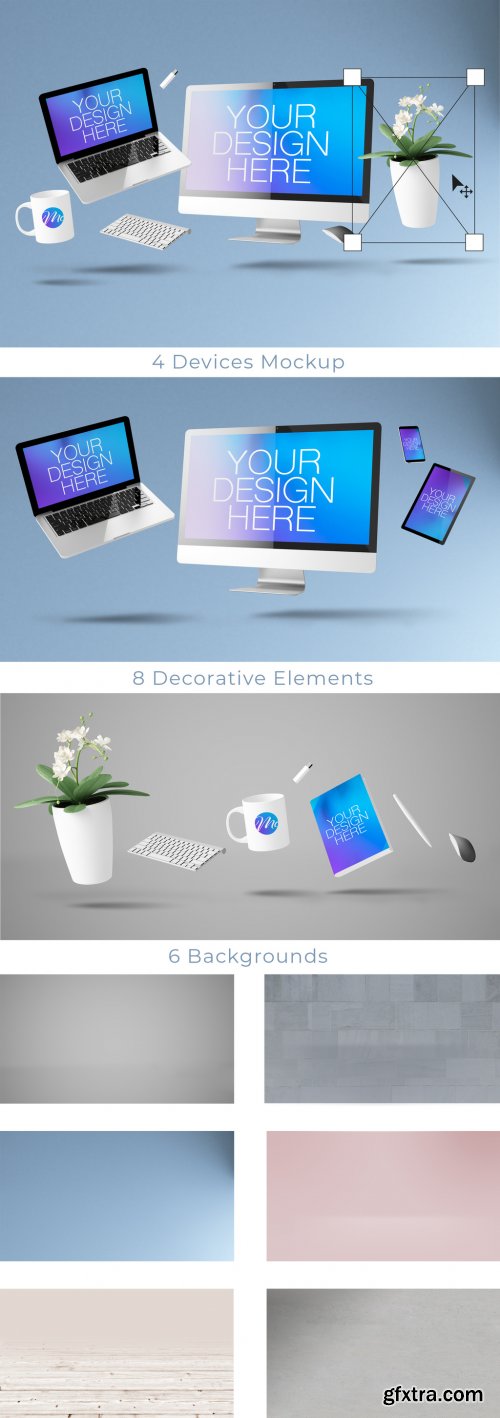 Floating Computer and Mobile Devices Mockup 314540936