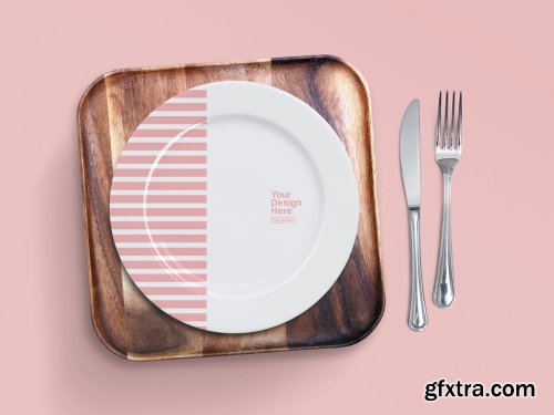 Top View Mockup of Dinner Plate and Wood Tray 267647798