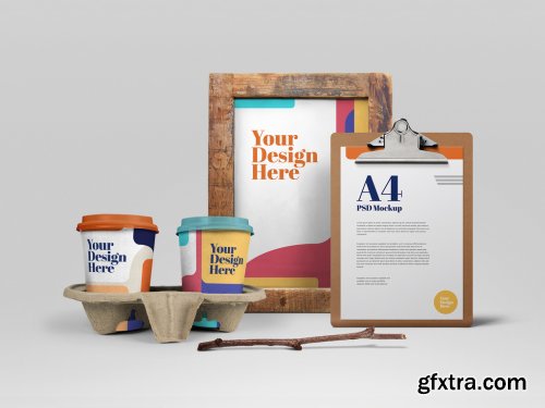 Clipboard, Wooden Frame and Takeout Cups Mockup 317330356