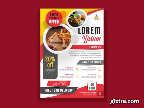 Flyer Layout with Red and Yellow Accents and Round Photo Placeholder Elements 317547156